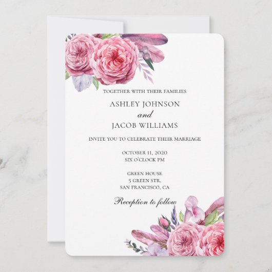 Boho bruiloft. Roze bloemen uitnodiging. Veren Kaart (Voorkant)