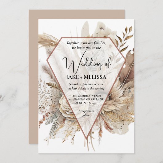 Boho bruiloft uitnodiging Terracotta Pampas gras (Voorkant / Achterkant)