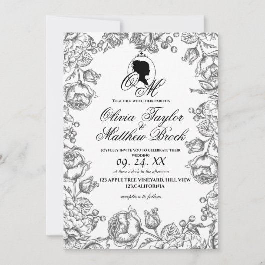 Boho-bruiloft wit en zwart script kasteel bruiloft kaart (Voorkant)
