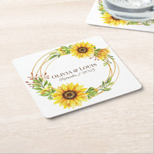 boho bruiloft zonnebloemen romantisch kartonnen onderzetters