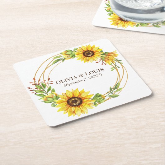  boho bruiloft zonnebloemen romantisch kartonnen onderzetters (Schuin)