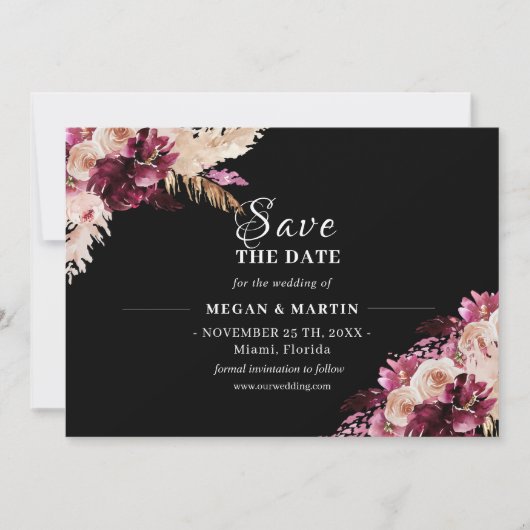 Boho Bruiloft Zwart Bloemen Save The Date Uitnodig Kaart (Voorkant)