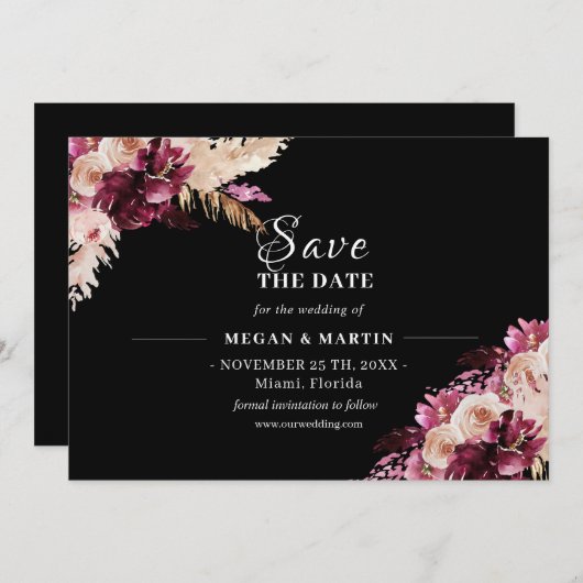 Boho Bruiloft Zwart Bloemen Save The Date Uitnodig Kaart (Voorkant / Achterkant)