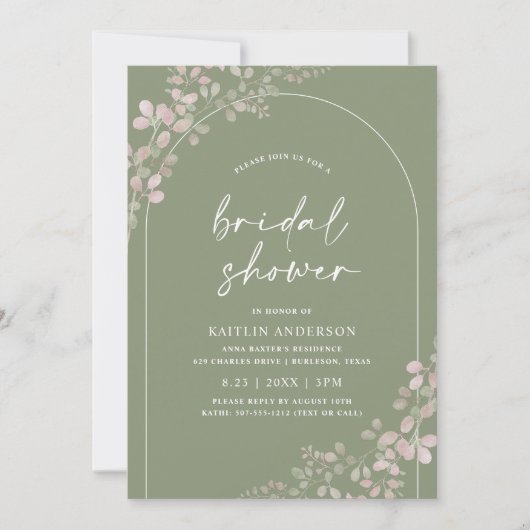 Boho bruiloftsfeest met roze en groene boog kaart (Voorkant)