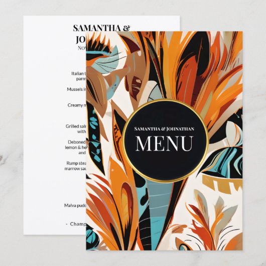 Boho Bruiloftsmenu 5x7 Tropische Bloemen Terracott Menu (Voorkant / Achterkant)