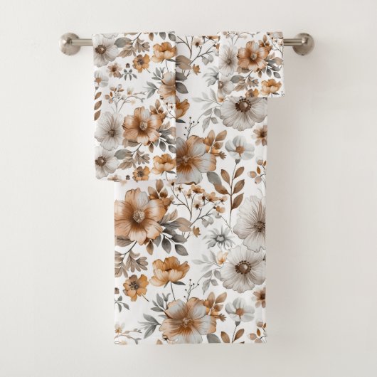 Boho Bruin Beige Taan Grijs Bloemrijk Botanisch Ne Bad Handdoek (Insitu)