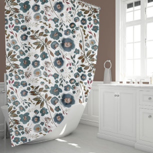 Boho bruin cranberry diepblauw bloemmotief douchegordijn