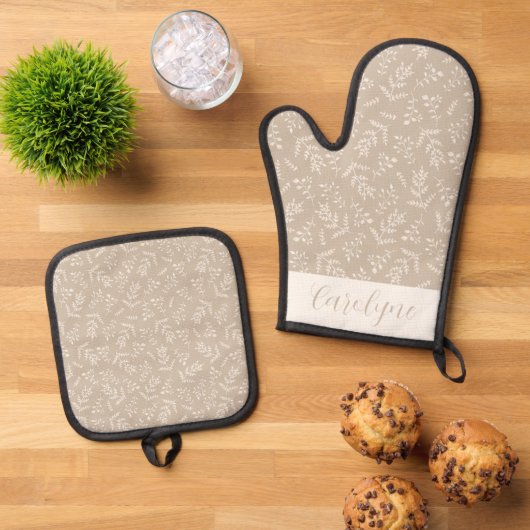 Boho Bruin en Ivoor Bladerdak Patroon Gepersonalis Ovenwant & Pannenlap Set (Top down)