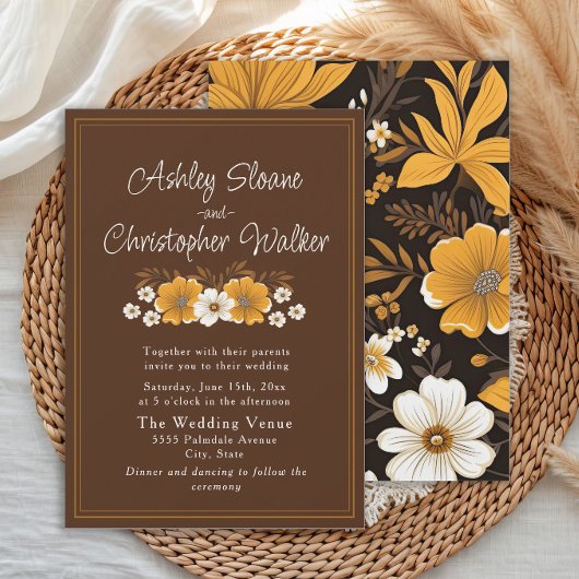 Boho Bruin Goud Bloem Herfst Bruiloft Kaart