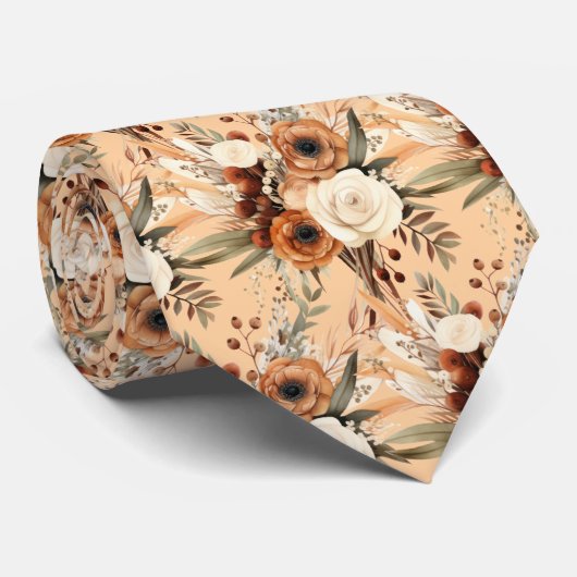 Boho Bruin Gouden Bloemen Waterverf Bloemen Trouwe Stropdas (Opgerold)