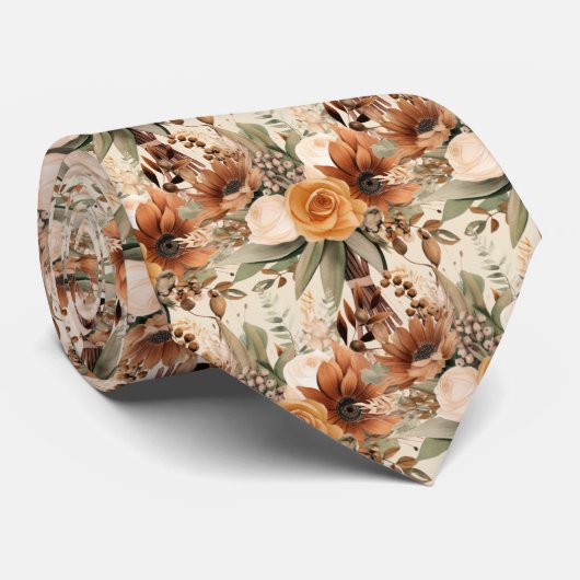 Boho Bruin Gouden Bloemen Waterverf Bloemen Trouwe Stropdas (Opgerold)