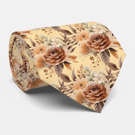 Boho Bruin Gouden Bloemen Waterverf Bloemen Trouwe Stropdas (Opgerold)