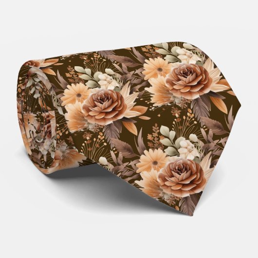 Boho Bruin Gouden Bloemen Waterverf Bloemen Trouwe Stropdas (Opgerold)