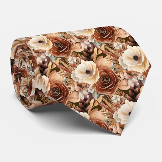 Boho Bruin Gouden Bloemen Waterverf Bloemen Trouwe Stropdas (Opgerold)