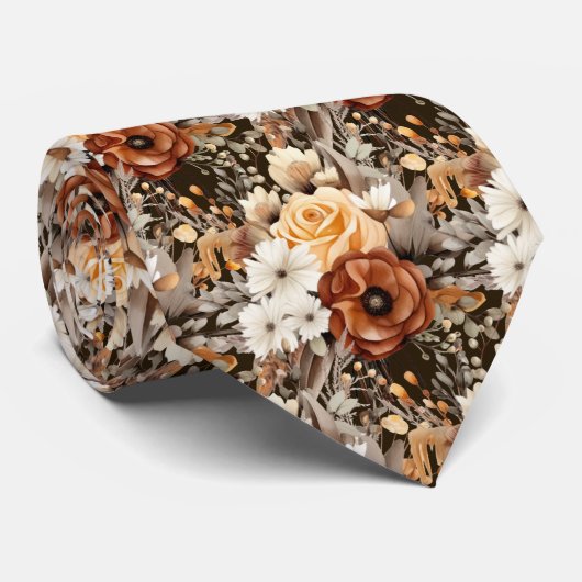 Boho Bruin Gouden Bloemen Waterverf Bloemen Trouwe Stropdas (Opgerold)