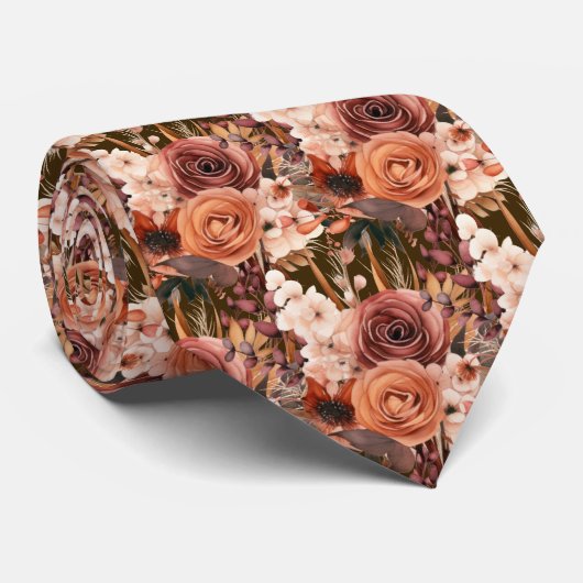 Boho Bruin Gouden Bloemen Waterverf Bloemen Trouwe Stropdas (Opgerold)