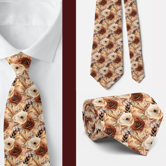 Boho Bruin Gouden Bloemen Waterverf Bloemen Trouwe Stropdas