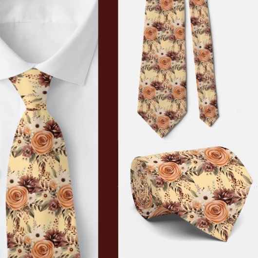 Boho Bruin Gouden Bloemen Waterverf Bloemen Trouwe Stropdas