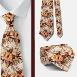 Boho Bruin Gouden Bloemen Waterverf Bloemen Trouwe Stropdas