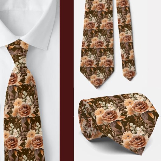 Boho Bruin Gouden Bloemen Waterverf Bloemen Trouwe Stropdas