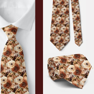 Boho Bruin Gouden Bloemen Waterverf Bloemen Trouwe Stropdas