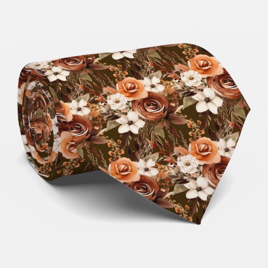 Boho Bruin Gouden Bloemen Waterverf Bloemen Trouwe Stropdas (Opgerold)