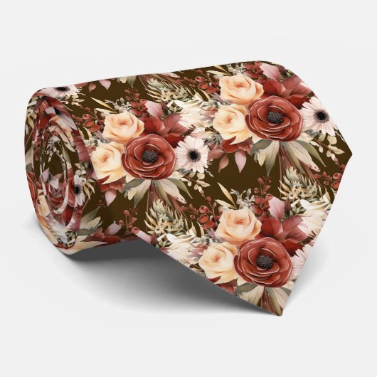 Boho Bruin Gouden Bloemen Waterverf Bloemen Trouwe Stropdas (Opgerold)