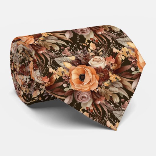 Boho Bruin Gouden Bloemen Waterverf Bloemen Trouwe Stropdas (Opgerold)