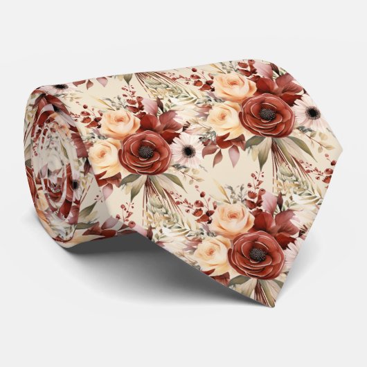 Boho Bruin Gouden Bloemen Waterverf Bloemen Trouwe Stropdas (Opgerold)