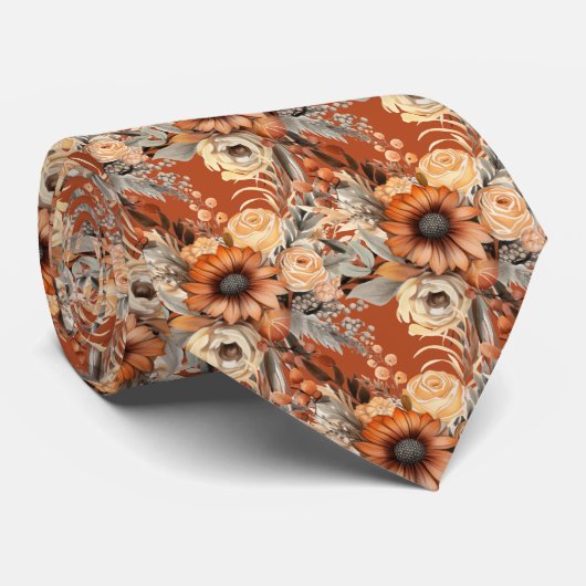 Boho Bruin Gouden Bloemen Waterverf Bloemen Trouwe Stropdas (Opgerold)