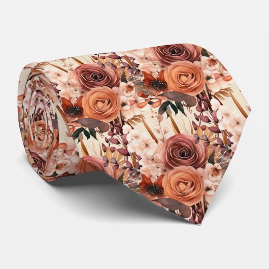 Boho Bruin Gouden Bloemen Waterverf Bloemen Trouwe Stropdas (Opgerold)