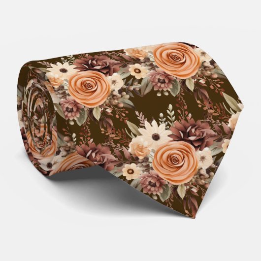 Boho Bruin Gouden Bloemen Waterverf Bloemen Trouwe Stropdas (Opgerold)