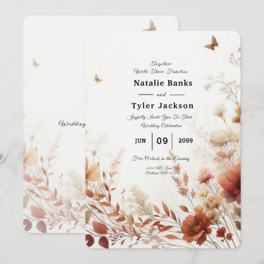 Boho Bruin met Vlinders Bloemen Bruiloft Kaart (Voorkant / Achterkant)