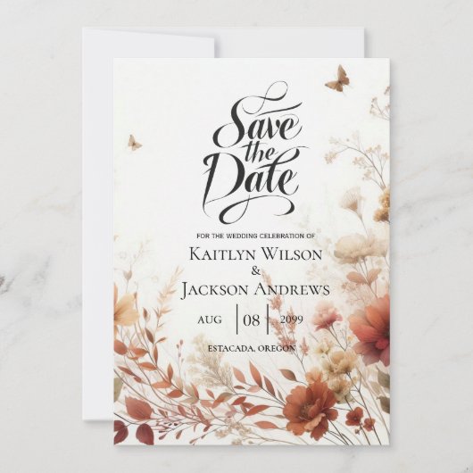 Boho Bruin met Vlinders Bloemen Bruiloft Save The Date (Voorkant)
