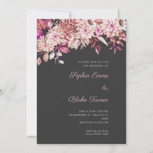Boho Bruin Roze Bloemige Winter Pebble Gray Trouw Kaart (Voorkant)