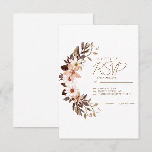 Boho Bruine Bloemen RSVP Kaartje (Voorkant / Achterkant)