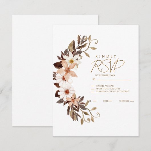 Boho Bruine Bloemen RSVP Kaartje (Voorkant / Achterkant)