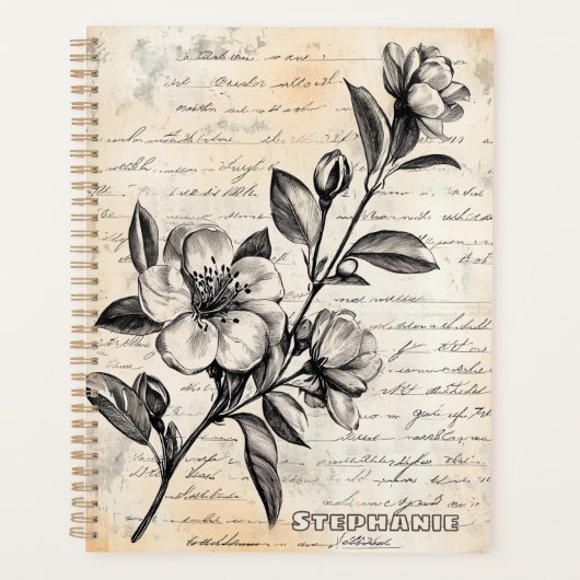Boho Bruine Bloemenschets Vintage Perkament Planner (Voorkant)