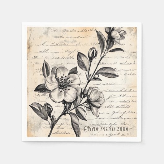 Boho Bruine Bloemenschets Vintage Perkament Servet (Voorkant)