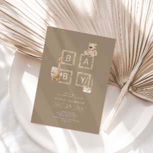 Boho Bruine Houten Blokletters Baby Shower Kaart