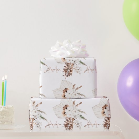 Boho Bruine Pampagras Witte Orchideeën Monogram Cadeaupapier (Feestgeschenken)