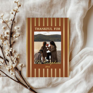 Boho Bruine Strepen Thanksgiving Familie Foto Goud Folie Feestdagenkaart