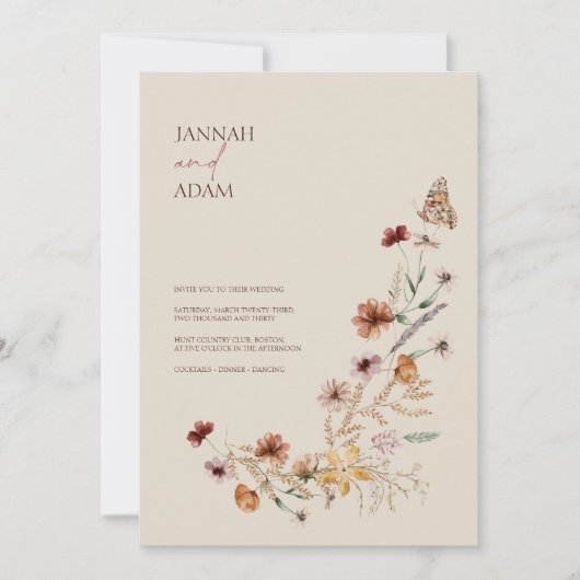 Boho Bruine Wildbloemen en Vlinders Bruiloft Kaart (Voorkant)