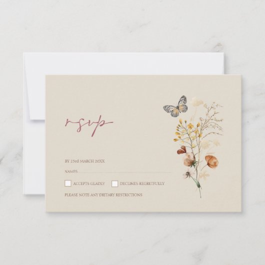 Boho Bruine Wildbloemen en Vlinders Bruiloft RSVP Kaartje (Voorkant)