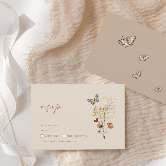 Boho Bruine Wildbloemen en Vlinders Bruiloft RSVP Kaartje