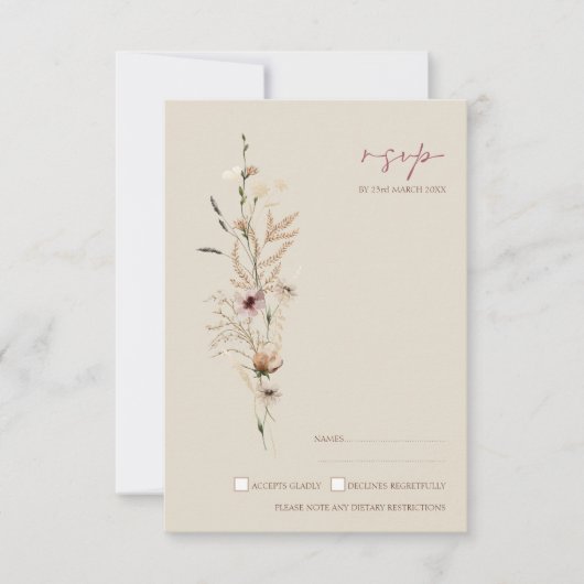 Boho Bruine Wildbloemen en Vlinders Bruiloft RSVP Kaartje (Voorkant)