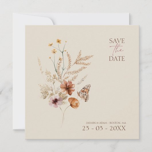 Boho Bruine Wildbloemen en Vlinders Bruiloft Save The Date (Voorkant)