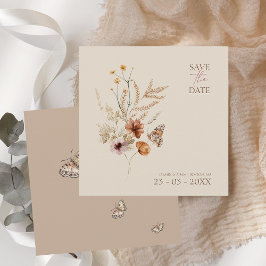 Boho Bruine Wildbloemen en Vlinders Bruiloft Save The Date