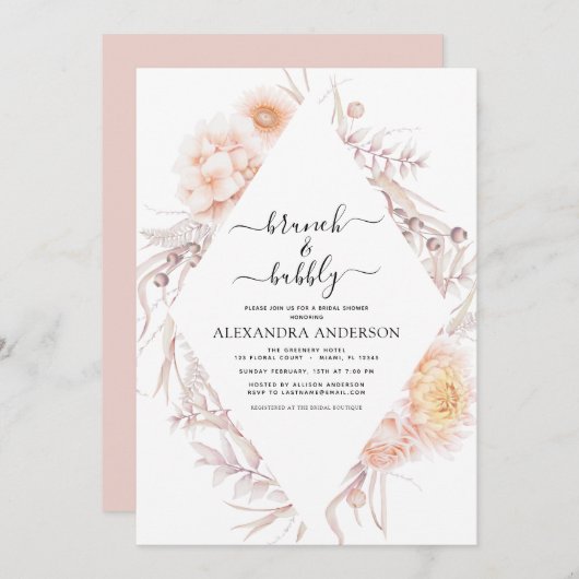 Boho Brunch & Bubble Vrijgezellenfeest Dusty Pink Kaart (Voorkant / Achterkant)