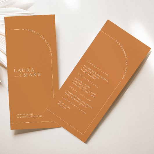 Boho Brunt Oranje Arch Minimalist Wedding Programm